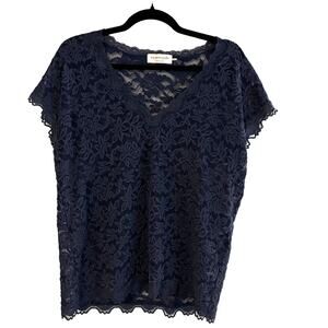 Rosemunde Navy Lace Top Womens Medium Cap Sleeve Sheer Floral Scalloped